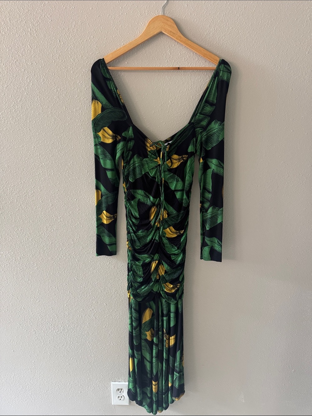 Ganni Black Green and Yellow Leaf-Print Ruched Long Sleeve Dress